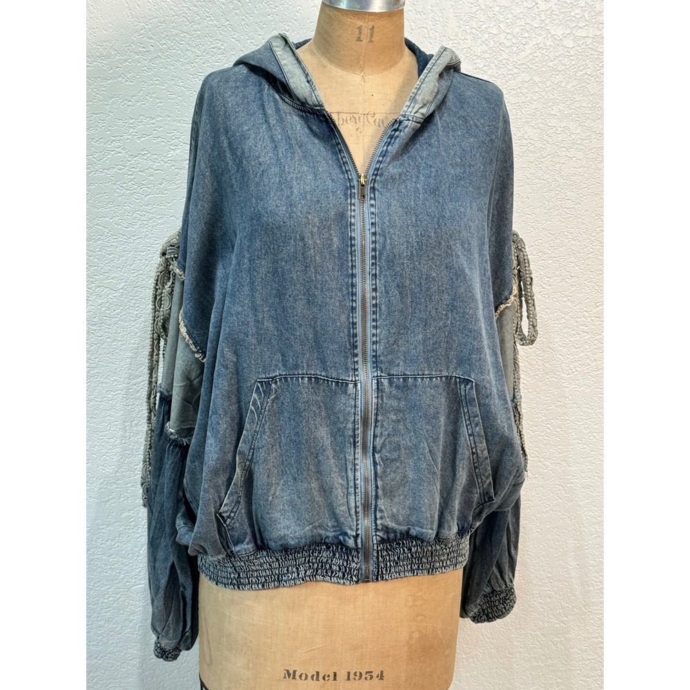 Jaded Gypsy Tied About Jacket Chambray Blue Denim Hoodie Lace L/XL Boho NWT